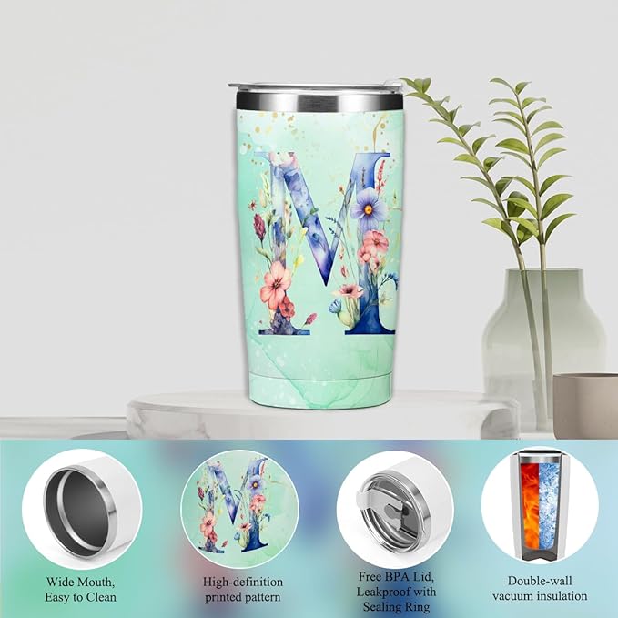 Personalized Gifts Monogrammed Birthday Gifts for Women, Her, Teacher Mother in Law Wedding Christmas Initial 20 oz Tumbler, Makeup Bag Cup Pens Journal Notebook 6 Set, (Aesthetic Green Flower M)