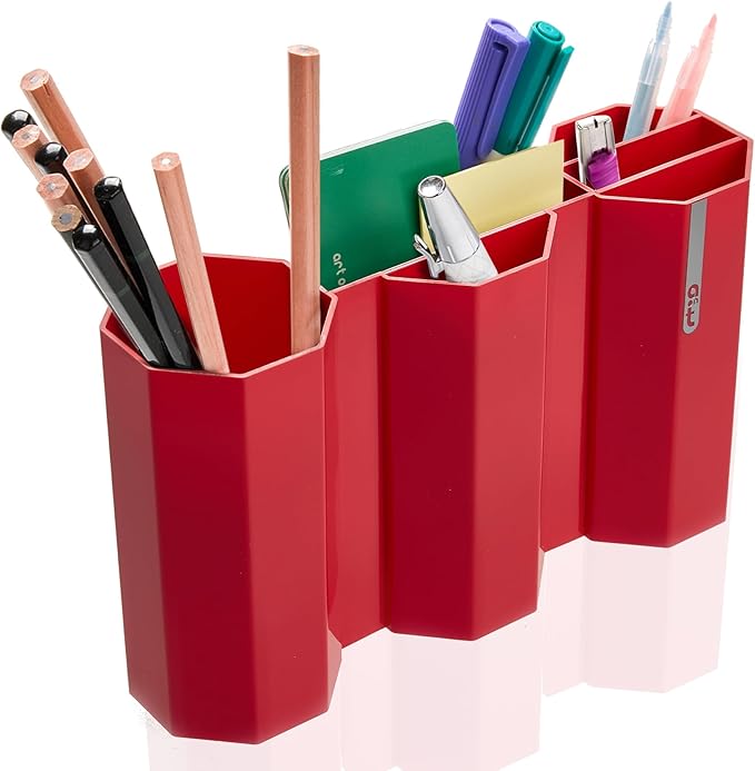 AonT Design Small Desk Organizer - Red Pen Tray & Holder (Multi-Compartment) (Made in Korea) – Modern Office Storage Supplies Organizer and Aesthetic Decor for Accessories