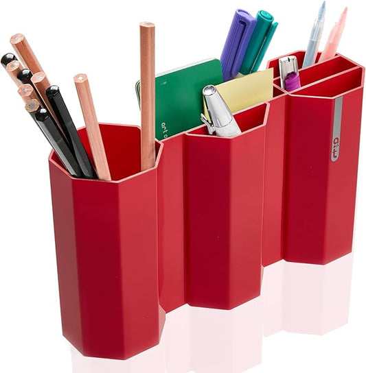 AonT Design Small Desk Organizer - Red Pen Tray & Holder (Multi-Compartment) (Made in Korea) – Modern Office Storage Supplies Organizer and Aesthetic Decor for Accessories