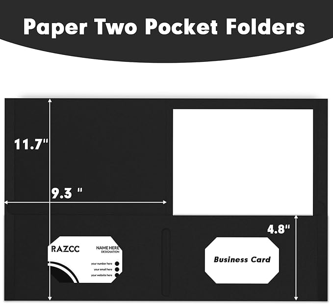 Two Pocket Folders, RAZCC 50 Pack 2 Pocket Folders Fit Letter Size Paper, Paper Folders with Pockets for School Office Business Home, Black