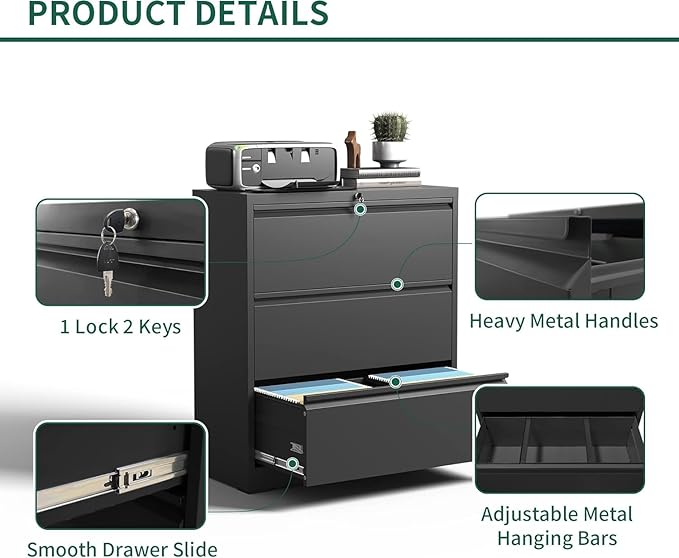 Lateral File Cabinet with Lock, 3 Drawer Metal File Cabinets for Home Office, Large Filing Storage Cabinet Printer Stand, Steel Wide File Cabinet for Legal/A4/F4/Letter Size Files, Black