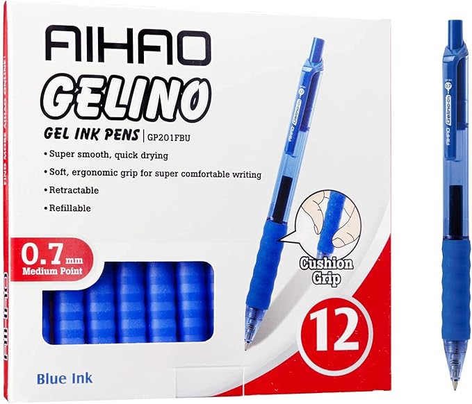 AIHAO Gel Pens Blue Ink, 0.7mm Medium Point, Smooth Writing Retractable Pens, Quick Dry Gel Ink with Comfort Grip, No Smear, 12 Pack for Office, School, Home