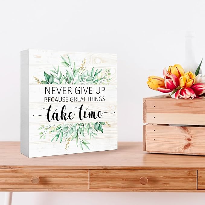 Never Give Up Sign Wood Box,Inspirational Quote Wooden Block Sign for Home Office Tabletop Shelf Decor 5" x 5",Motivational Desk Decor Accessories for Women