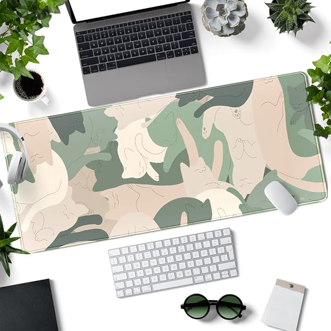 Green Simple Cat Desk Mat Sleeping Cute Long Cool Mouse Pad for Laptop Gaming Computer Keyboard Pad Office Decor Desk Pads Accessories On Top of Desks Office Supplies Mat (31.5x11.8In) Stitched Eges