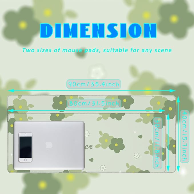 Desk Mat, Kawaii Green Flower Extended Gaming Mouse Pad Large, 35.4"x15.7" Big Mouse Pad with Non-Slip Base and Stitched Edge, Long Computer Keyboard Mouse Mat for Home Office Work