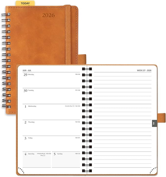 POPRUN 2026 Planner Weekly Notebook (Jan-Dec), Small Size 4''x 6.25'' - 2026 Pocket Calendar for Purse with Spiral Soft Cover, Plastic Ruler, Inner Pocket, 100 GSM - Brown