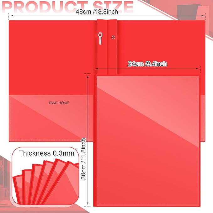 Henoyso 24 Pcs Plastic Folders with Clear Front Pocket and 3 Prong Take Home Plastic 2 Pocket Folder Back to School for Students Parent Teacher Communication for School Office (Red)