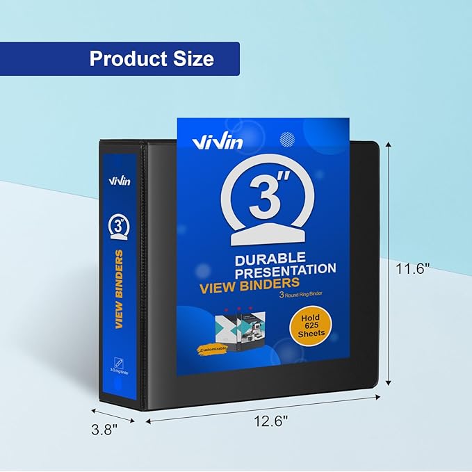 ViVin 3 Ring Binder 3 inch with Clear View Cover, Large 3" Round Ring for Strength, Holds 600 Sheets of US Letter Size Paper, Office Home School, 2 Pack (Black)