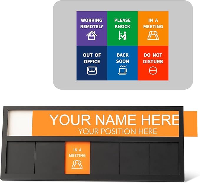 Name Plate for Desk& Office Door Sign, 6 Options Do Not Disturb, In A Meeting, Out of Office, Working Remotely, Please Knock, Stick or Stand with Desk Name Plate, Black