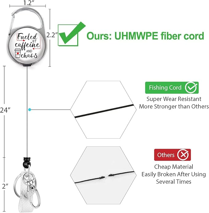 Gctriki Badge Reel Holder Retractable Heavy Duty with 360° Swivel Carabiner Clip, Funny Fueled by Caffeine and Chaos ID Holder Name Badge Clip RN Nurse Medical Badge Reel Retractable Keychain Gifts