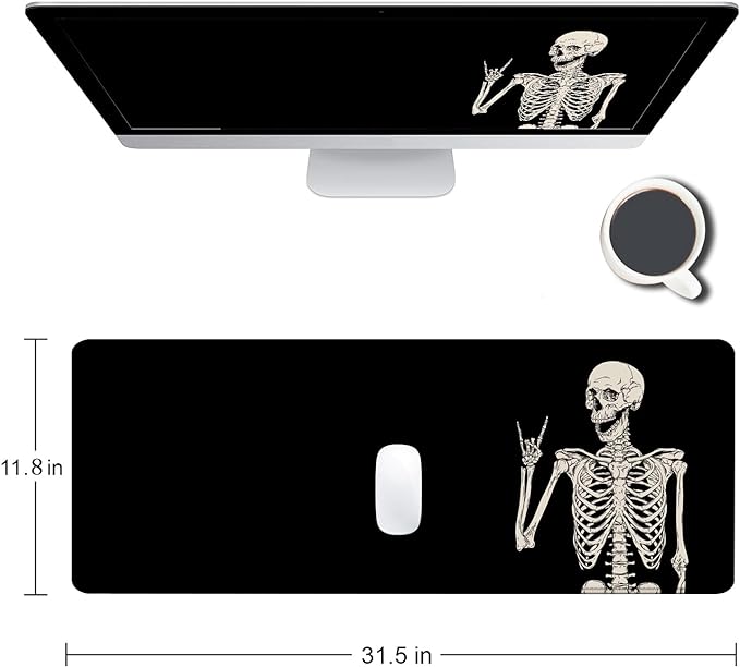Gaming Mouse Pad, Large Mouse Pads for Desk, Non-Slip Rubber Base Mousepad, Keyboard Mouse Mat, Desk Pad with Stitched Edges, 31.5x11.8 inch Black Human Skeleton