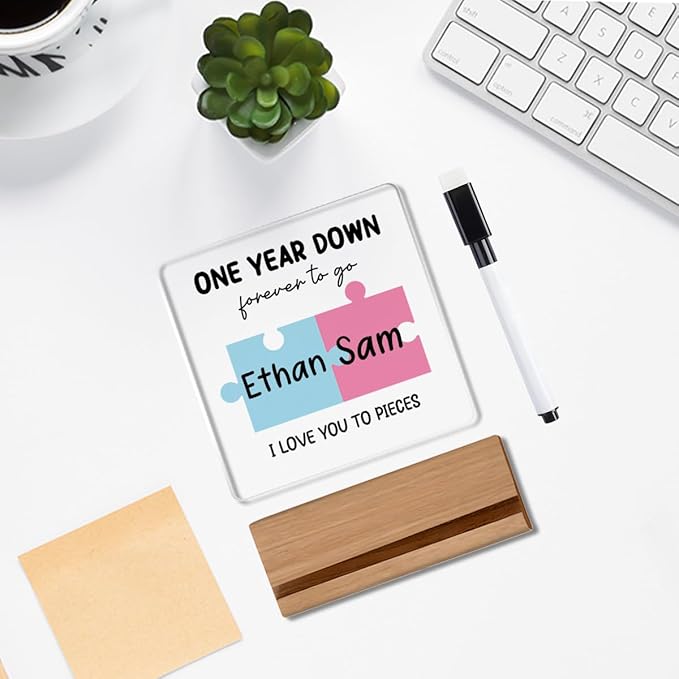 1 Year Anniversary Unique Gifts for Boyfriend Girlfriend,1 Year Anniversary Plaque Gifts for Couple Wipeable Acrylic Sign for Women Man Boyfriend and Girlfriend with Wood Stand 4 X 4 Inch