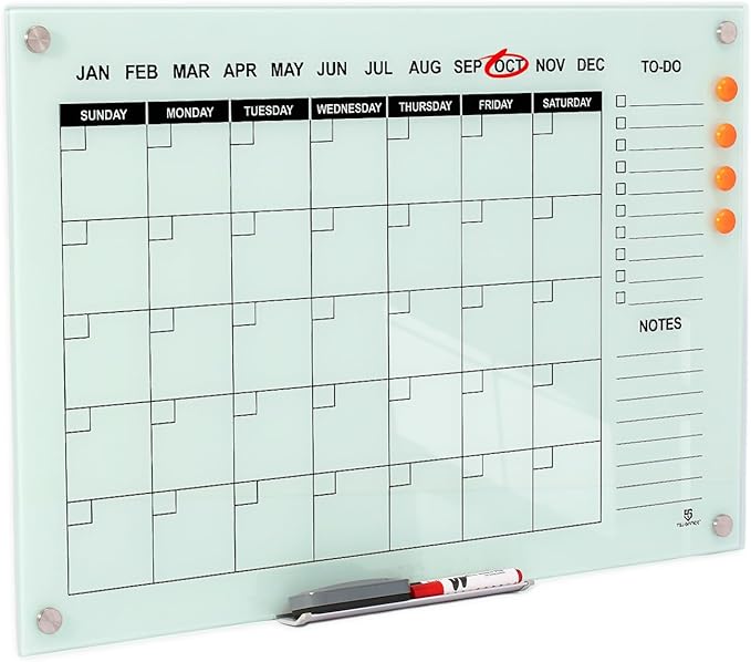 TSJ OFFICE Glass Calendar Whiteboard - 36 x 24 Inches Wall Mounted Monthly Dry Erase Calendar for Wall, Large Magnetic Glass White Board for Office, Home & School