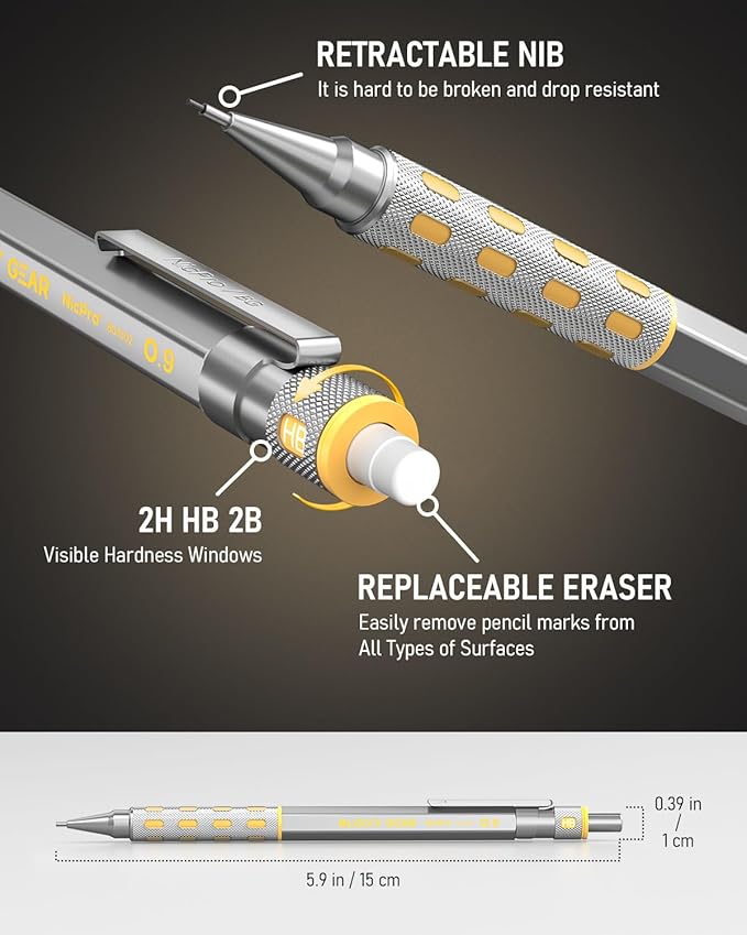 Nicpro Blocky Gear 0.9 mm Mechanical Pencils Set in Case, 3 Pack Metal Pencil 8 Tube with Lead Refills 0.9mm (HB 2B), 3 Erasers for Professional & Adult Art Writing Drafting Drawing