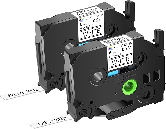 2 Pack 6mm 0.23'' FX211 Laminated Tape Compatible for Ptouch TZ TZe Flexible ID Cable Wires Labels Black on White 1/4" for PTD200 D210 D400 D600 PTH100 H110 PTP300BT PTP700 PTP710BT