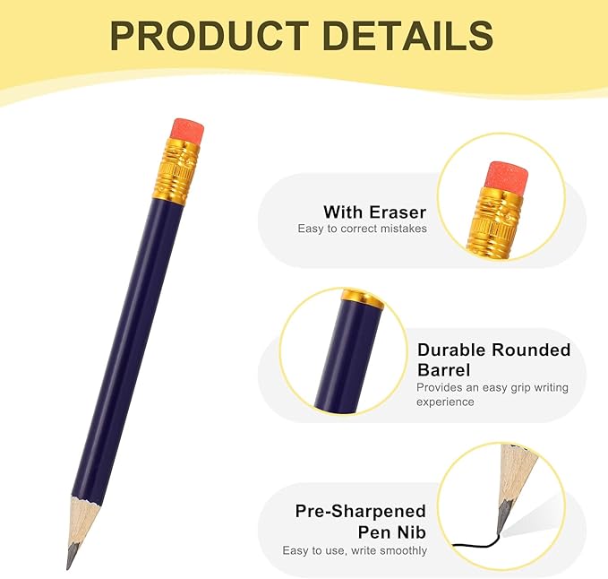 MECCANIXITY Golf Pencils with Erasers, 4" HB Mini Half Pencils Pre Sharpened Small Pens for Wedding Bridal Shower Game Office Writing Drawing(Wood Color/Dark Blue, Pack of 50)