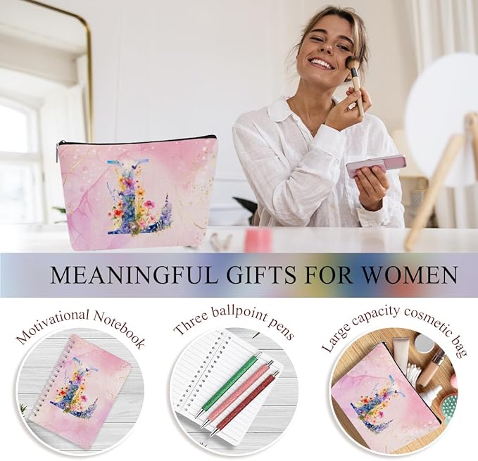 Personalized Gifts Monogrammed Birthday Gifts for Women, Mama New Mom Thanksgiving Wedding Christmas Initial 20 oz Tumbler, Makeup Bag Cup Pens Journal Notebook 6 Set, (Aesthetic Pink Flower L)