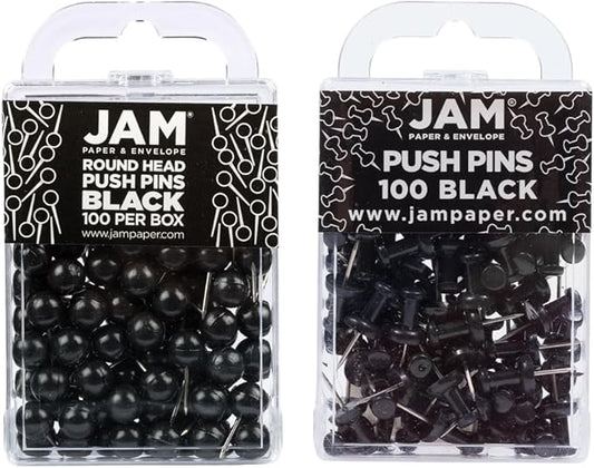 JAM PAPER Colorful Push Pins - Flat & Round Head Thumb Tack Combo Set - Black Pushpins - 200/Pack