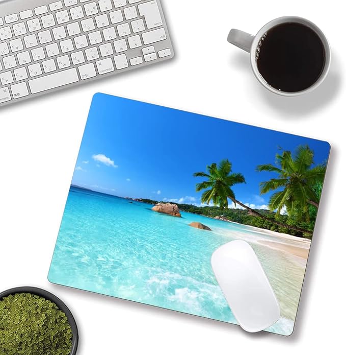 Hokafenle Mouse Pad, Square Beach Style Anti-Slip Rubber Mousepad for Gaming Office Laptop Computer PC Men Women Kids, Cute Custom Pattern, Beach and Coconut Trees Design