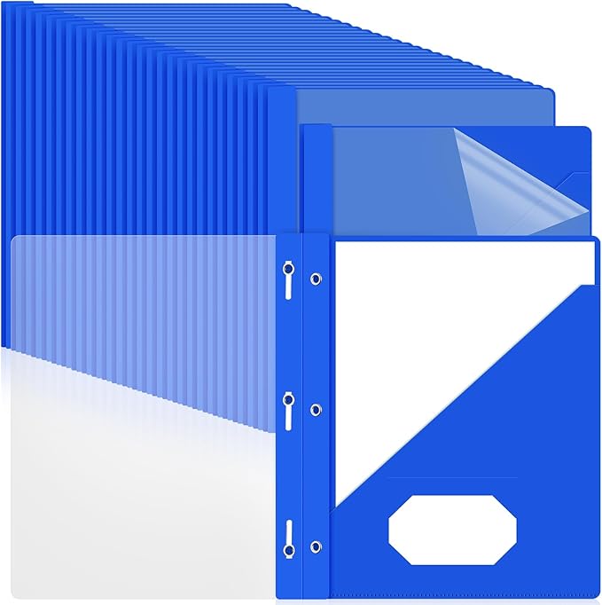 Patelai 48 Pcs Plastic Folders with 2 Pockets and 3 Prongs Home Folders with Card Slot Letter Size Heavy Duty Report Covers for Back to School(Blue,Simple Style)