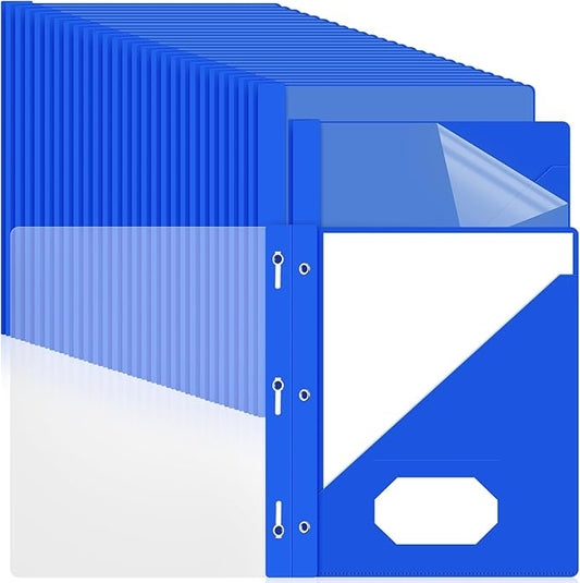 Patelai 48 Pcs Plastic Folders with 2 Pockets and 3 Prongs Home Folders with Card Slot Letter Size Heavy Duty Report Covers for Back to School(Blue,Simple Style)