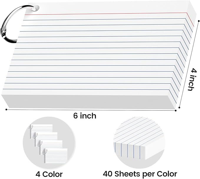 160-Pack White Index Cards 4x6 Inch w/Key Ring – 180gsm Heavyweight Flashcards – Flash Cards Study & Note Cards – Perfect for Study, Notes & Memory, Students School Supplies