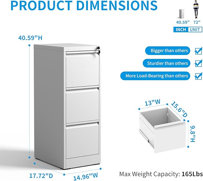 3 Drawer File Cabinet, Metal Vertical Filing Cabinet for Home Office, Locking Steel Easy Assemble 18" D File Cabinets for Legal/Letter/A4/F4 (White)