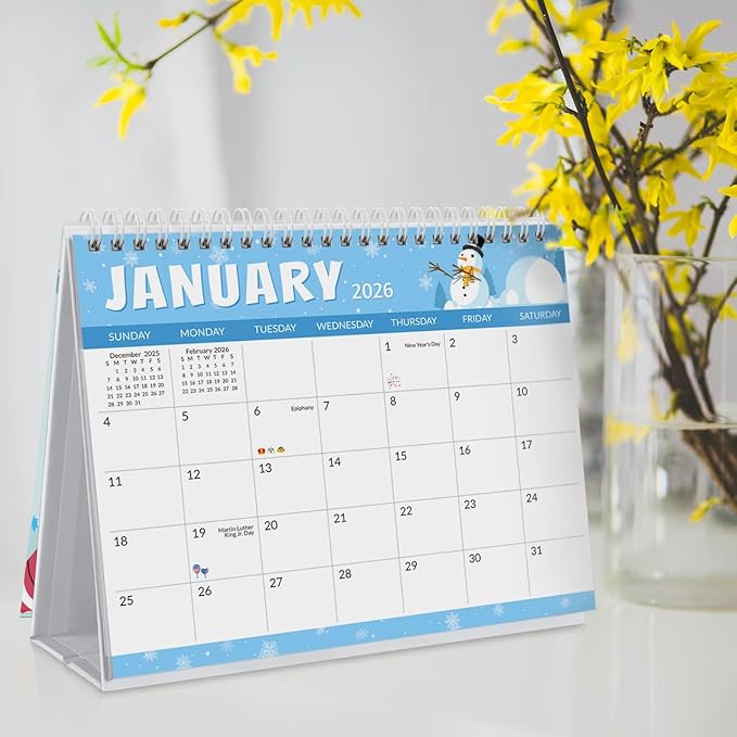 SKYDUE Desk Calendar 2025-2026, 18 Months Calendar from Jul. 2025 to Dec. 2026, 8.5" x 7" Standing Flip Small Desk Calendar Holiday Theme