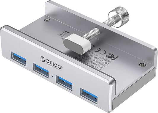 ORICO USB 3.0 Hub, USB Hub Clamp, Aluminum 4-Port USB Splitter with 4.92 FT USB Data Cable, Desktop Powered USB Hub for Monitors/Desks-Silver (Without Power Adapter)