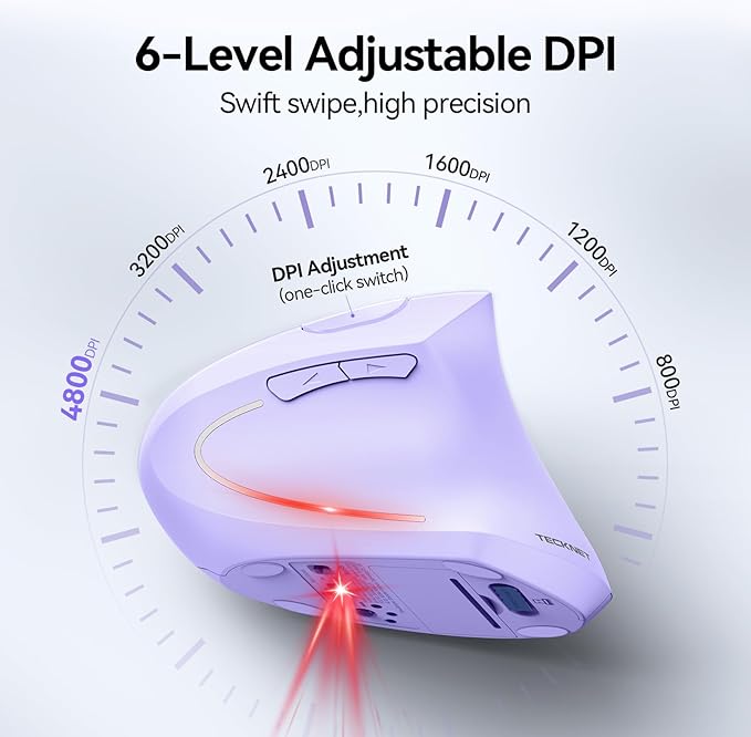 TECKNET Ergonomic Mouse, Wireless Bluetooth Vertical Mouse, 4800 DPI Optical Tracking, 6 Adjustable DPI, Quiet Clicks, 2.4GHz with USB A Receiver, 12 Months Battery, 6 Buttons, Wide Compatibility