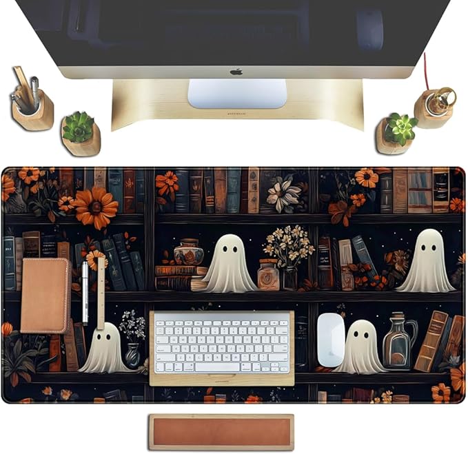 Cute Ghost Desk Mat Dark Vintage Large Mouse Pad Gaming Black Mouse Pad XXL Large Gaming Mousepad Desk Mat for Desktop Office Computer Laptop Keyboard and Mouse Mat - 31.5 X 15.7 in Desktop Protector