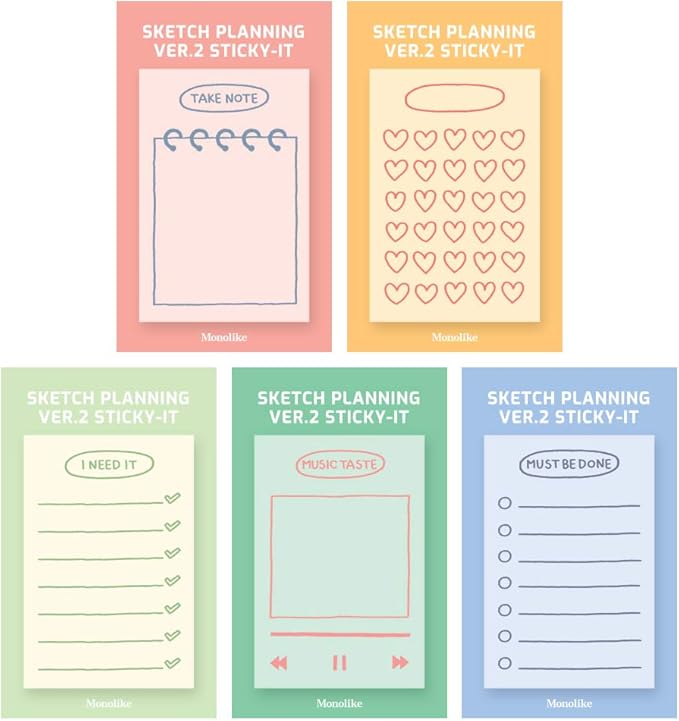 Monolike Sketch Planning Ver.2 Sticky-it - 5p Set Self-Adhesive Memo Pad 50 Sheets