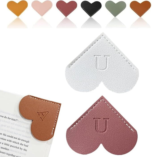 Personalized Leather Heart Bookmark, 26 Letters Customized Corner Book Mark for Reading Women, Book Marker with Initials，Cute Gifts (White+Deep Pink, U)