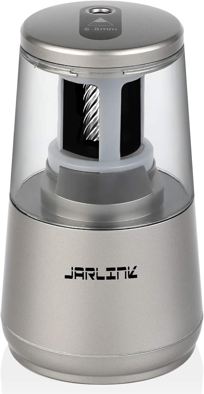 JARLINK Electric Pencil Sharpener, Heavy-Duty Helical Blade to Fast Sharpen, Auto Stop for No.2/Colored Pencils(6-8mm), AC Adapter/Battery Operated in School Classroom/Office/Home (Gray)