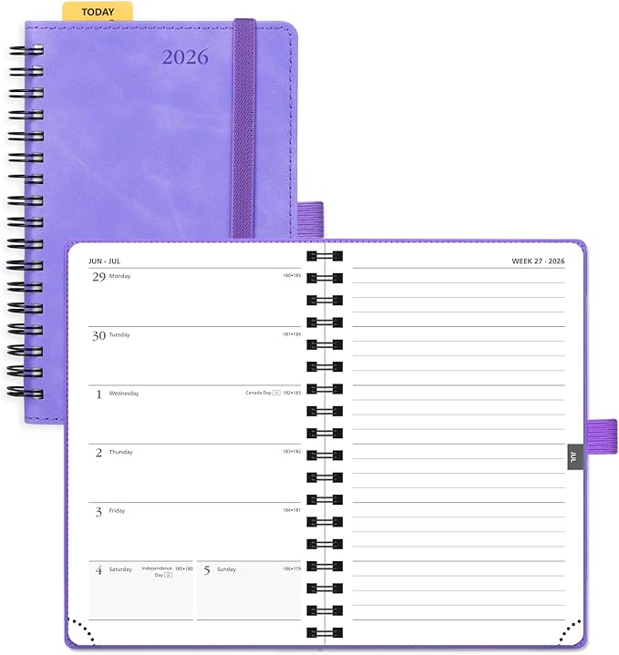 POPRUN 2026 Planner Weekly Notebook (Jan-Dec), Small Size 4''x 6.25'' - 2026 Pocket Calendar for Purse with Spiral Soft Cover, Plastic Ruler, Inner Pocket, 100 GSM - Lilac