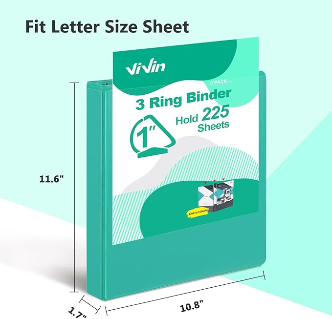 ViVin Sturdy 1 Inch D Ring Binders, 3 Ring Binders with 2 Pockets, Hold 225 Sheets of US Letter Size Paper for Office,Home,School, 6 Pack (Lake Green)