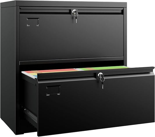SUXXAN 2 Drawer File Cabinet, Lateral Filing Cabinet with 2 Locks for Home Office, Black File Cabinets with Business Card Holder for Letter/Legal/F4/A4 Hanging Files