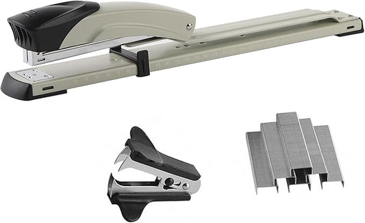 Long Reach Stapler,with 2000 Staples & Stapler Remover Full Strip，20-25 Sheet Capacity,with Built-in Ruler and Adjustable Locking Paper Guide, Gray