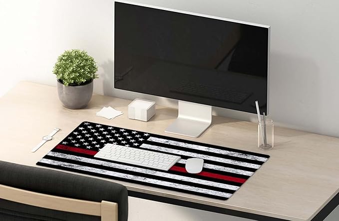 SSOIU Extended Gaming Mouse Pad (35.5x15.7 in), Large Stable Rubber Base Mousepad with Stitched Edges, Keyboard Mouse Mat Desk Pad for Work, Game, Office, Home - Fire Fighter Thin Red Line Flag