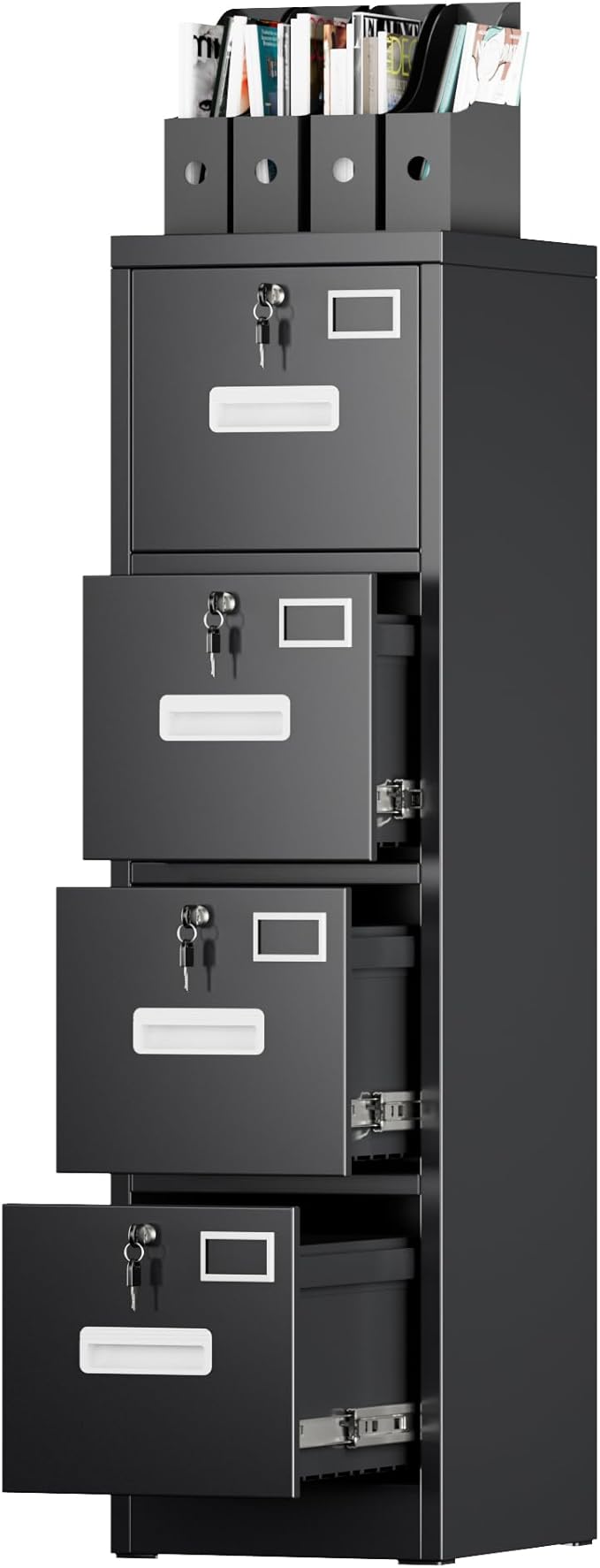 4 Drawer File Cabinet, Metal Vertical Black Filing Cabinets with Lock for Home Office with Name Card Holder for Letter/Legal/A4/F4 Size (Assemble Required)