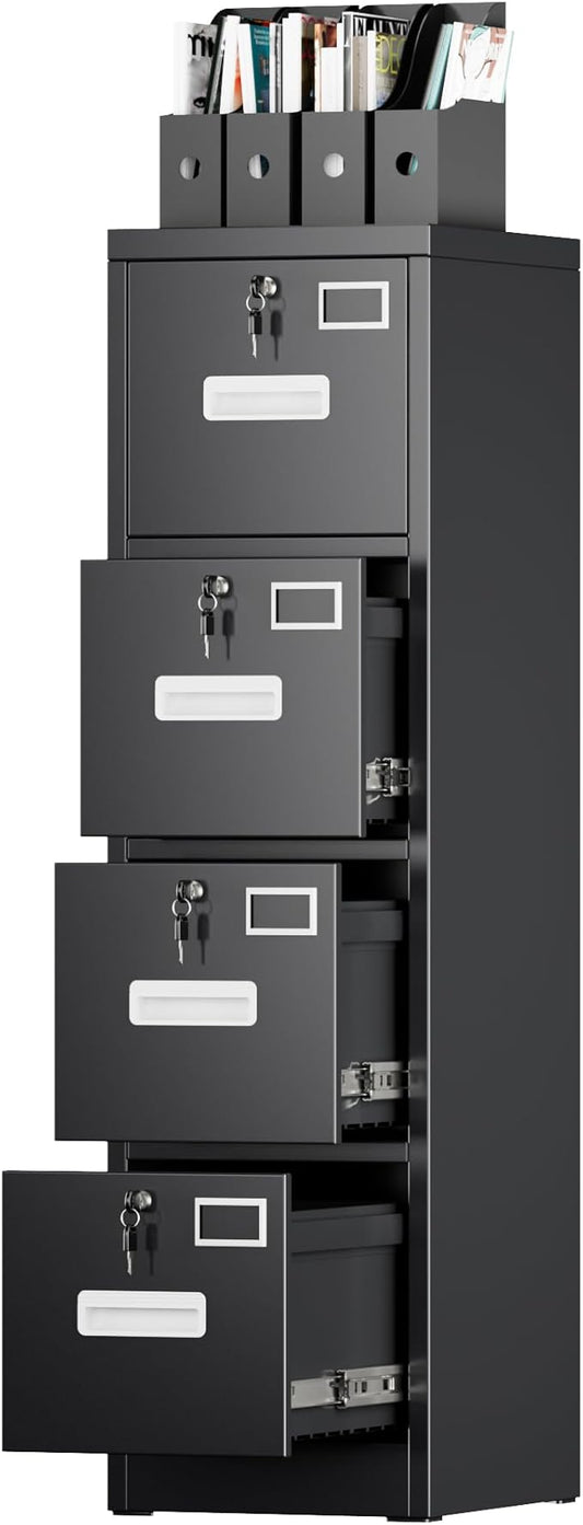 4 Drawer File Cabinet, Metal Vertical Black Filing Cabinets with Lock for Home Office with Name Card Holder for Letter/Legal/A4/F4 Size (Assemble Required)