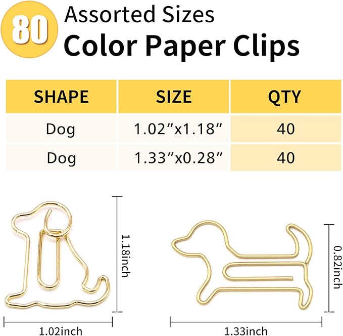 80 Pcs Gold Dog Creative Metal Paper Clips - Fun Office Supplies for Dog Lovers (Gold Dog)