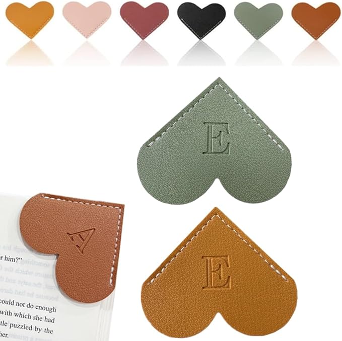 2PCS Personalized Leather Heart Bookmark, 26 Letters Customized Corner Book Mark for Reading Women, Book Marker with Initials，Cute Gifts (Green+Light Brown, E)