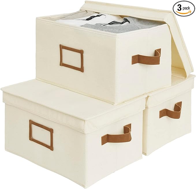 StorageWorks Large Storage Bins with Lids, Decorative Storage Boxes with Lid and PU Handles, Foldable Storage Baskets for Closet, Shelves, Stackable, Ivory White, 3-Pack