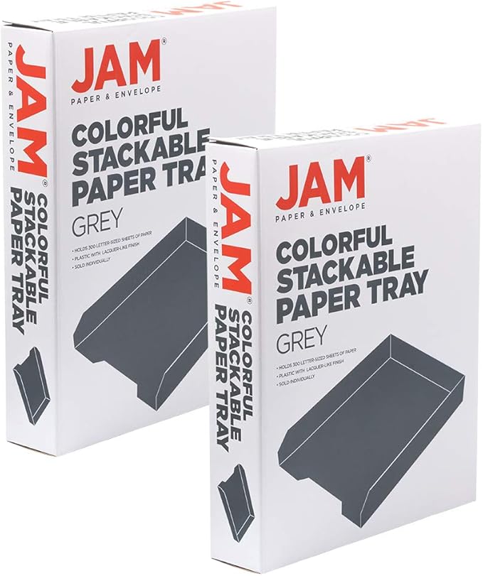 JAM PAPER Stackable Paper Trays - Grey - Desktop Document, Letter, & File Organizer Tray - 2/Pack