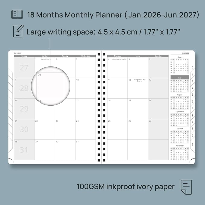 POPRUN Monthly Planner 2026-2027 (Large 8.5" x 10.5") 18 Months Calendar (Jan 2026 - Jun 2027) - 4 Pages per Month with Expense & Notes, Stair-like tabs, Leather Cover, Sunday Starts - Pacific Green