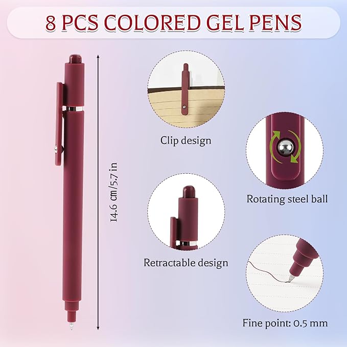 8 Pack Gel Pens, Colorful Pens 0.5 mm Fine Tip Retractable Multicolored Pens Smooth Writing for Journaling Note Taking Office Supplies School Supplies, Stocking Stuffers for Women Teens