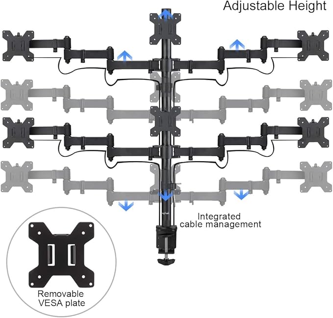 Suptek Hex LED LCD Monitor Stand up Desk Mount Extra Tall 31.5 inch Pole Heavy Duty Fully Adjustable Stand for 6 / Six Screens up to 27 inch (MD68126)