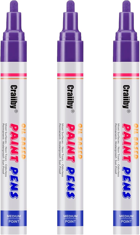 Purple Paint Markers, 3 Pack Oil-Based Waterproof Quick Dry Permanent Paint Pen Set for Rocks Painting, Wood, Fabric, Plastic, Canvas, Glass, Mugs, Metal, Tire, Stone, DIY Craft
