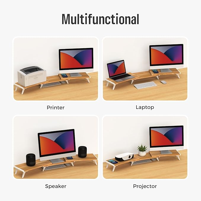 loukin Dual Monitor Stand Riser for Desk, 43.6"*8.2"*3.2" Large Computer Stand for 2 Monitors, Laptop, Printer, Length and Angle Adjustable Computer Shelf, Home Office,Max 43.6" Length Natural